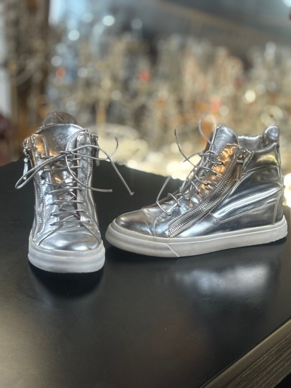 Giuseppe Zanotti Metallic Silver High Tops w/metallic shoe laces Womens Size 38